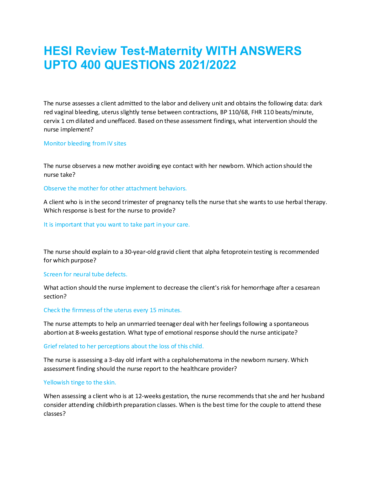 Preview of HESI Review Test-Maternity WITH ANSWERS UPTO 400 QUESTIONS